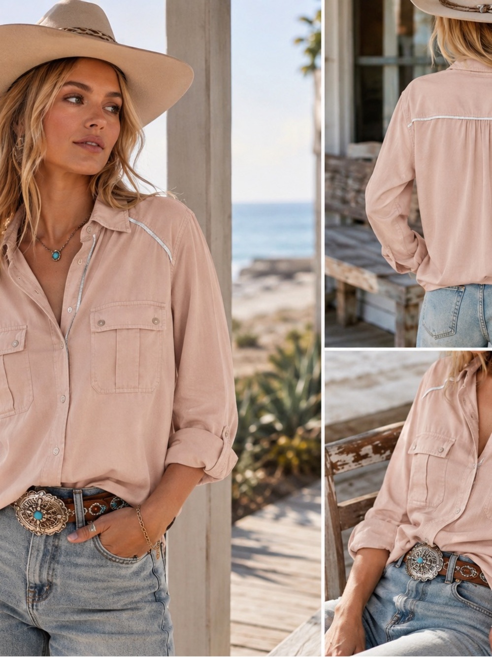 Free People Off Campus Blush Pink Button Down Shirt Size XS Coastal Cowgirl